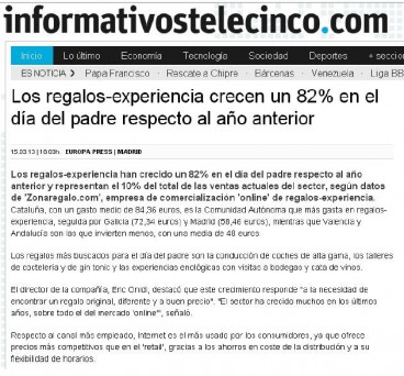 Nota de prensa de Zonaregalo.com en la web de Informativos Tele5